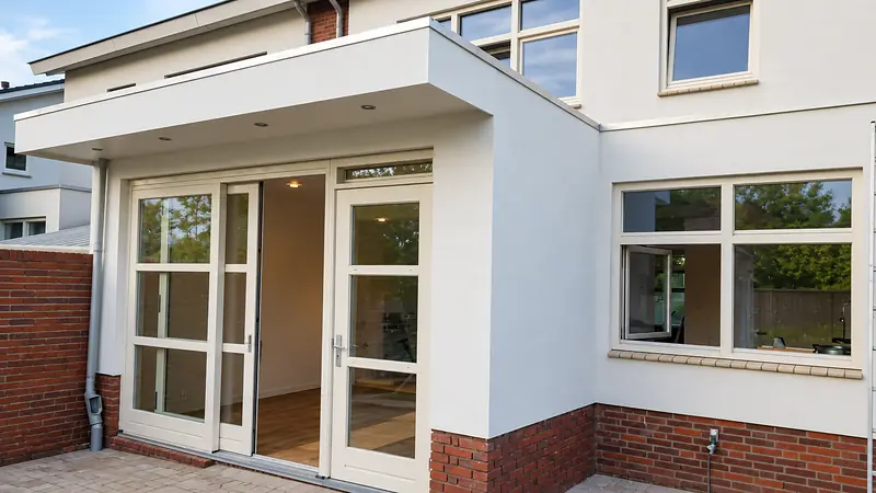 Afgewerkte aanbouw met witgestuukte gevel, glazen tuindeuren en een luifel met inbouwspots.