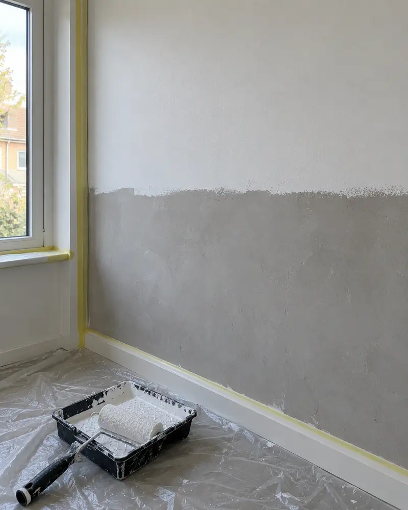 Sfeerbeeld: half gesausde muur met verfroller en verfbak op afdekfolie.